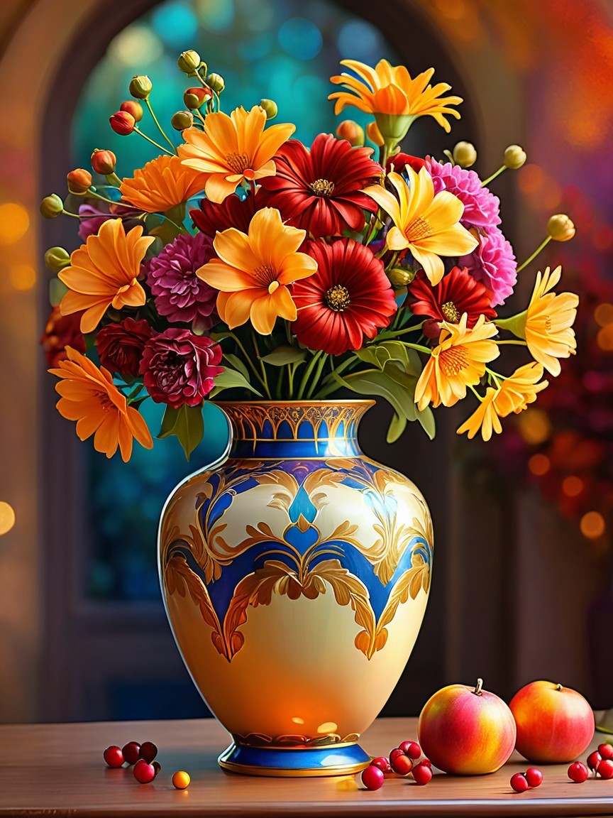 Vase with Colorful Flowers and Fresh Fruit Arrangement