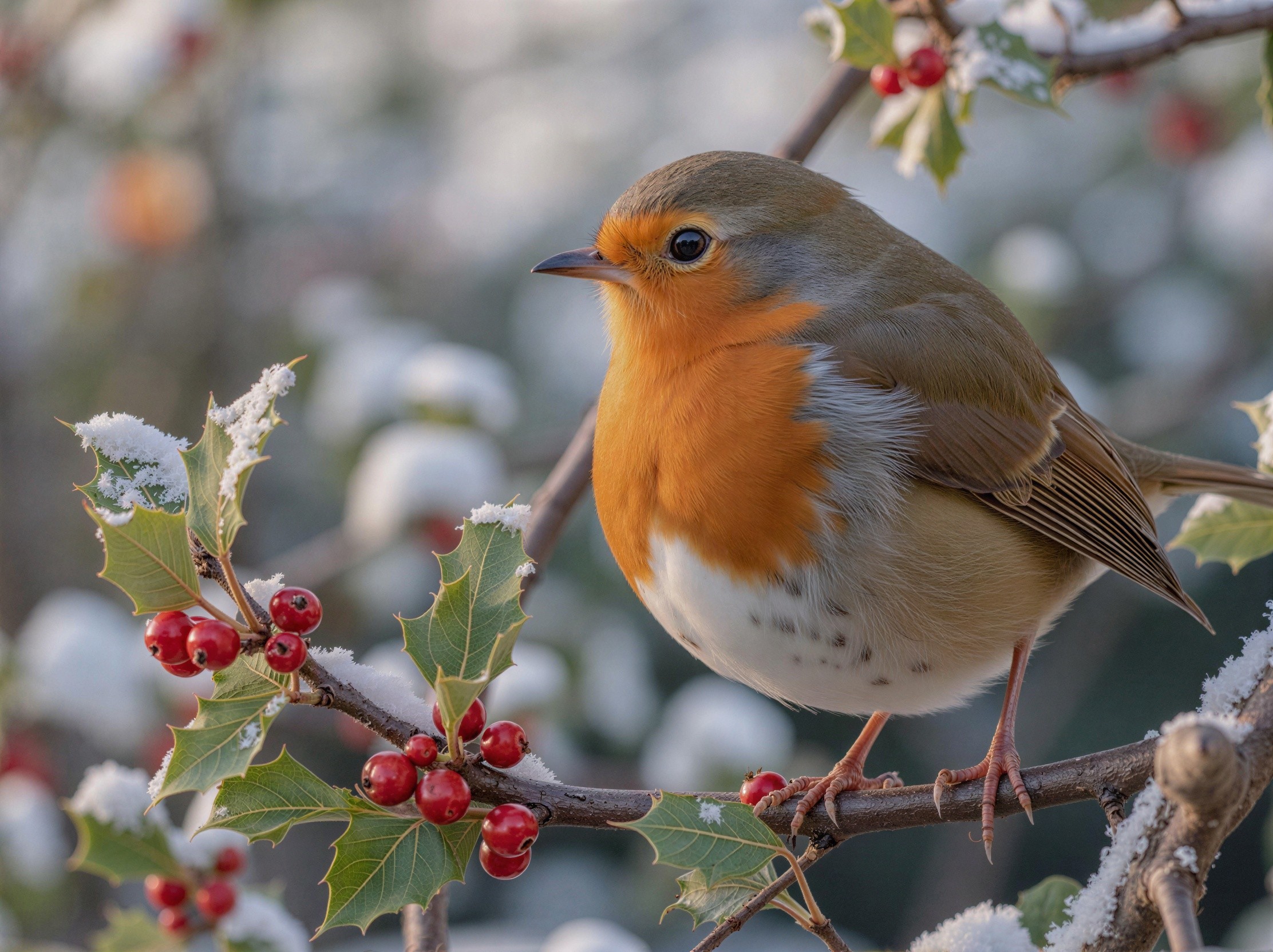 Robin on Snow-Dusted Branch with Holly Berries