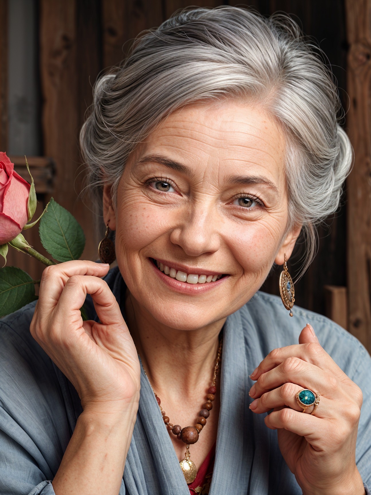 Radiant Older Woman with Gray Hair and Rose