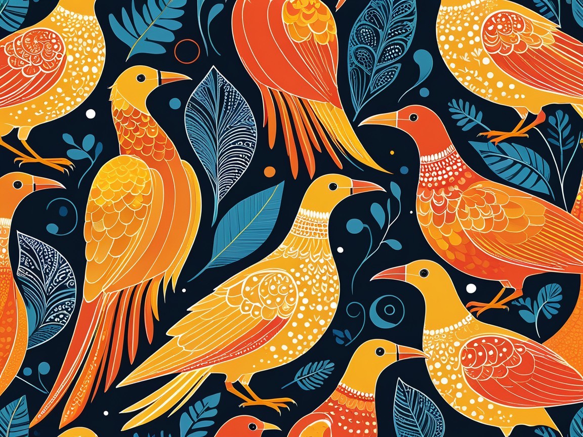Stylized Birds and Leaves Pattern in Orange and Blue