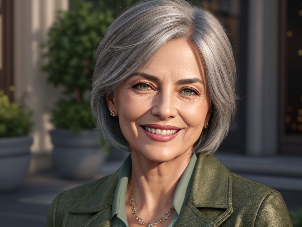 Cheerful Older Woman in Stylish Green Blazer Outdoors