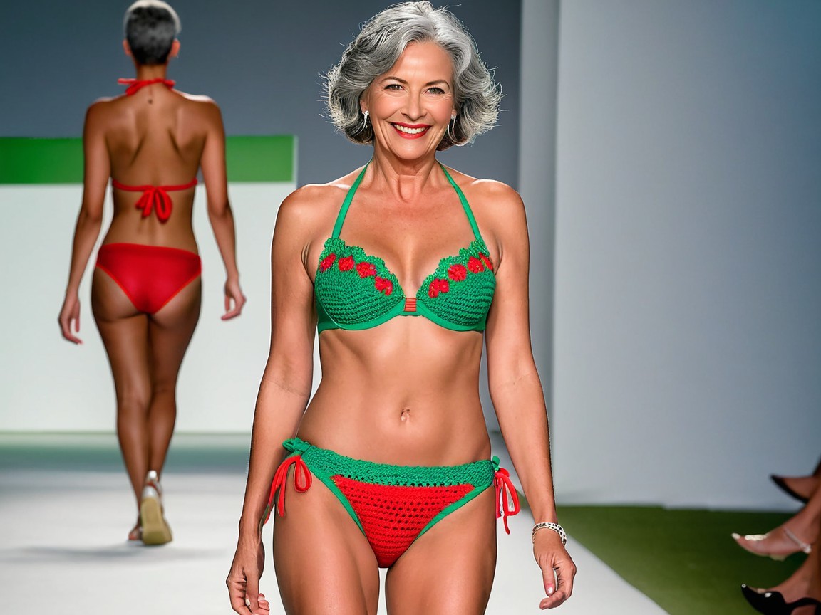 Older Woman in Handmade Crochet Bikini on Runway