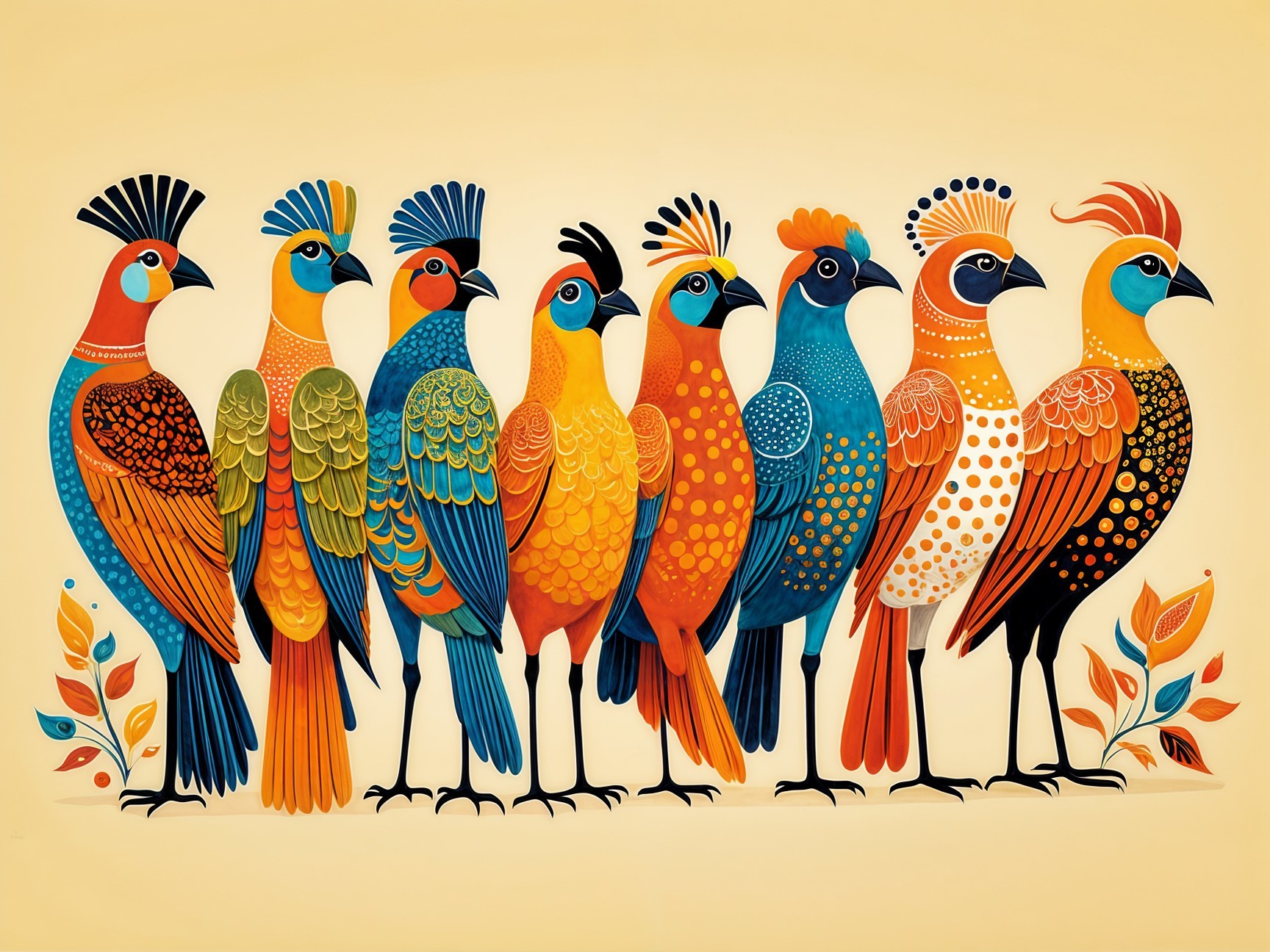 Stylized Birds in Colorful Patterns with Leaves