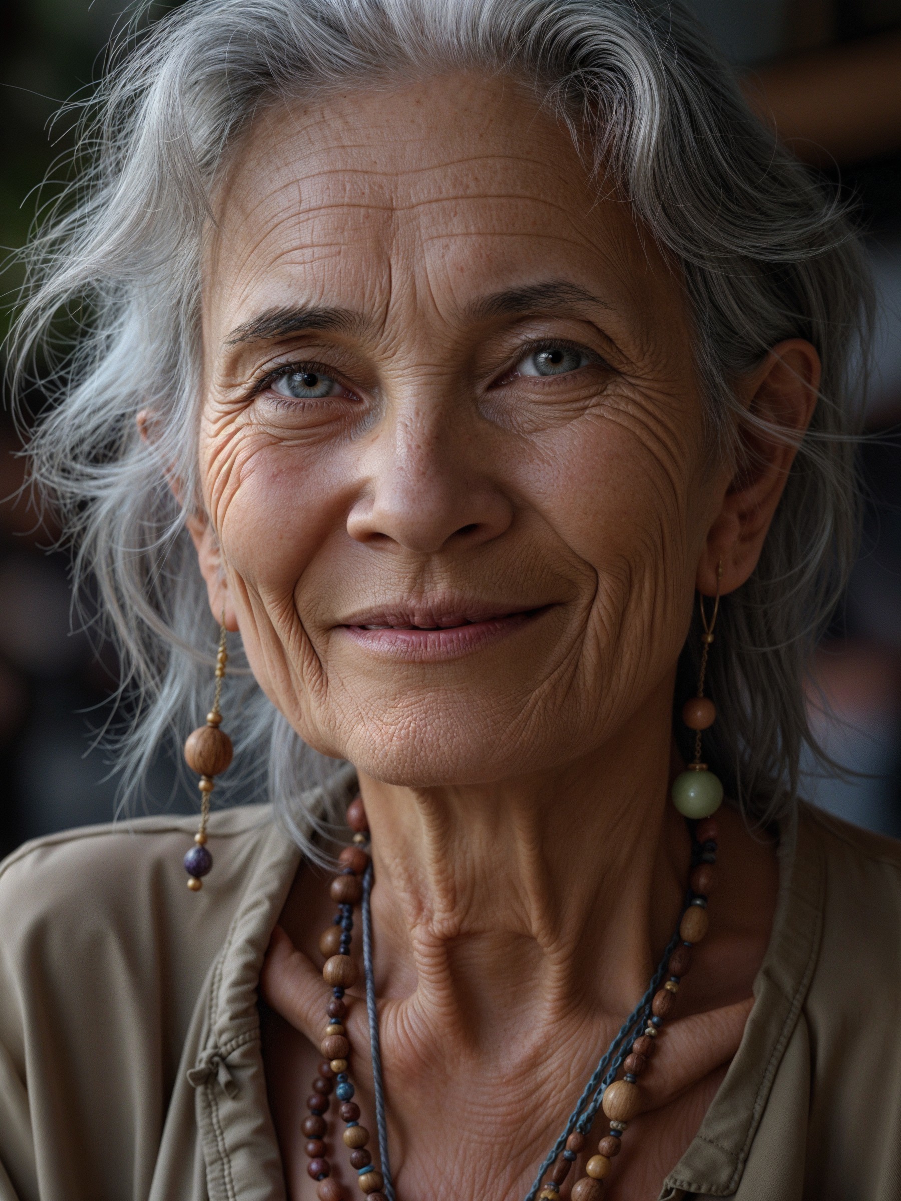 Mature Woman with Gray Hair and Bright Blue Eyes