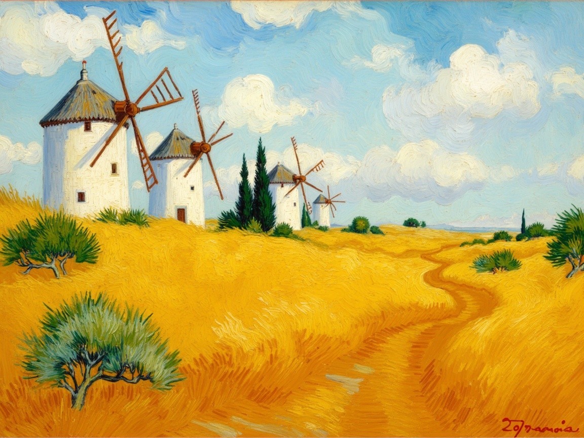 Vibrant Landscape with Windmills and Wheat Fields