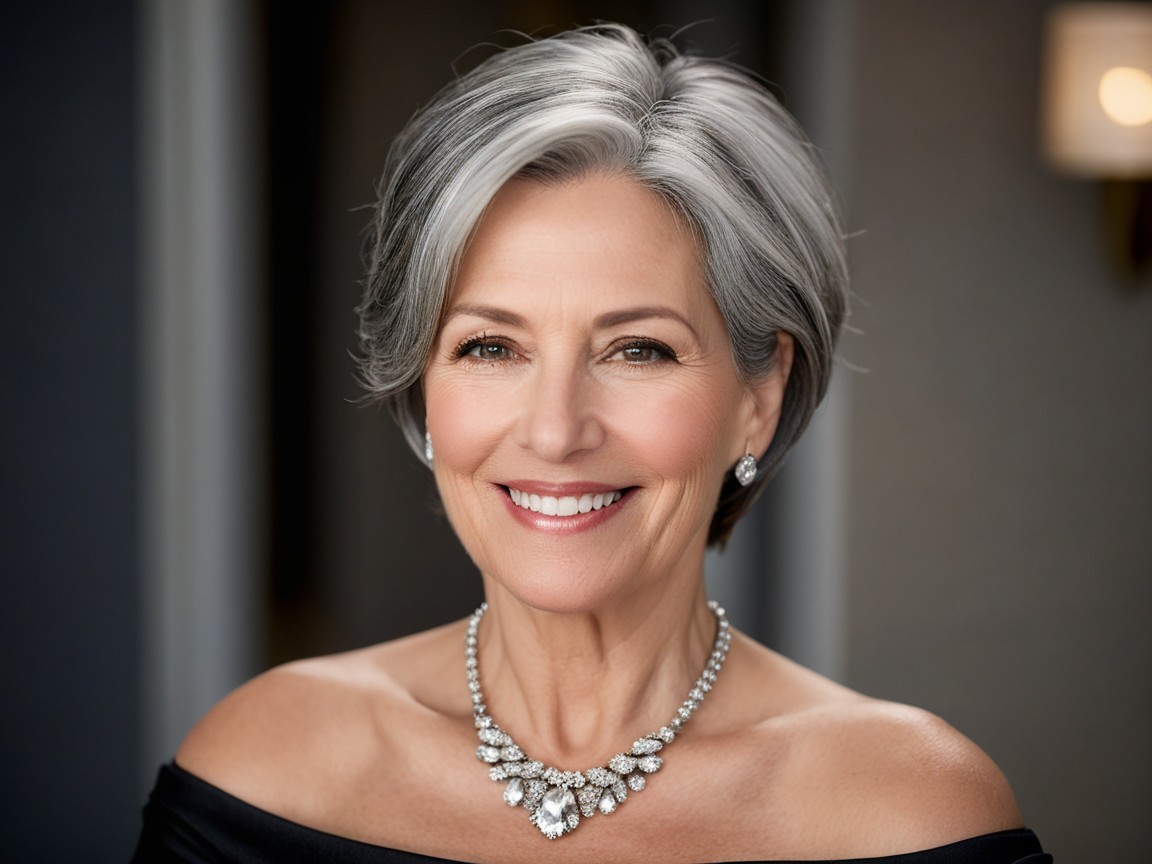 Elegant Older Woman in Off-Shoulder Black Gown