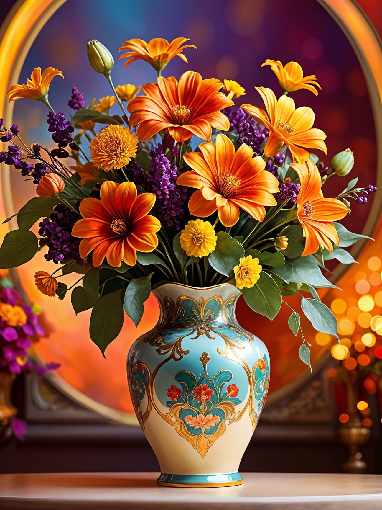 Vibrant Floral Arrangement in Intricate Vase Design