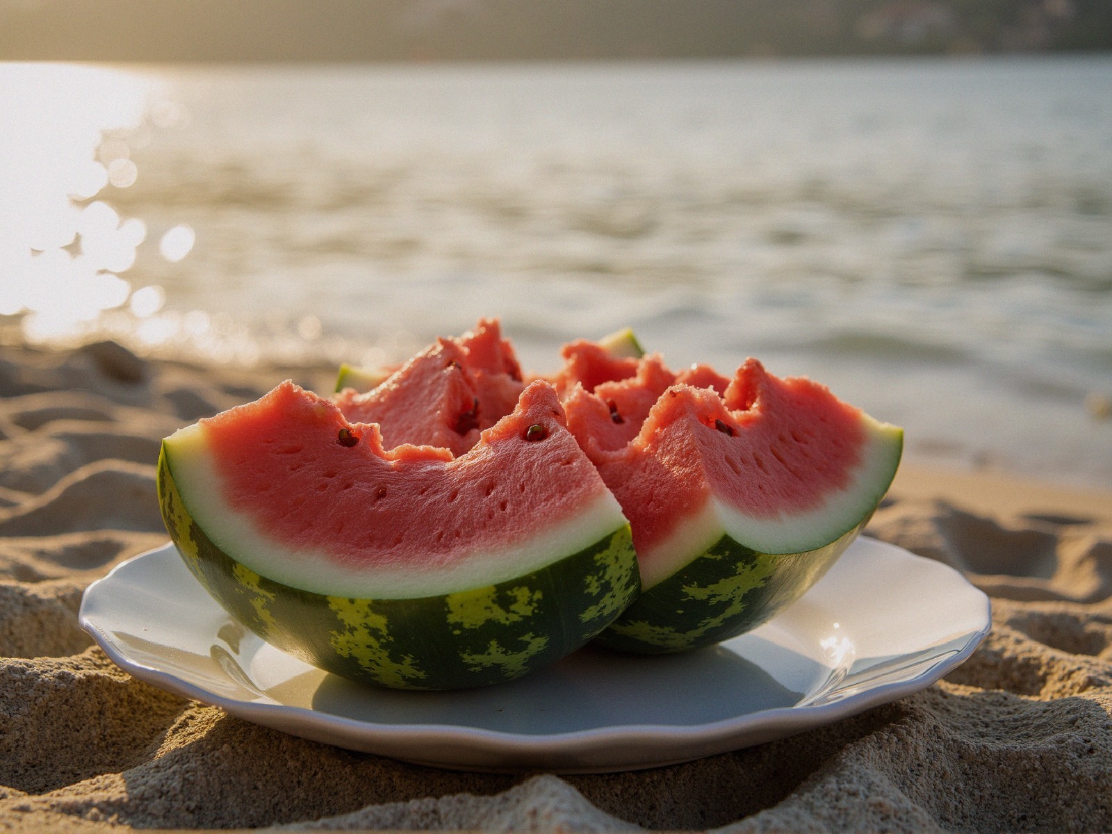 Freshly Cut Watermelon on Beach Plate with Scenic View