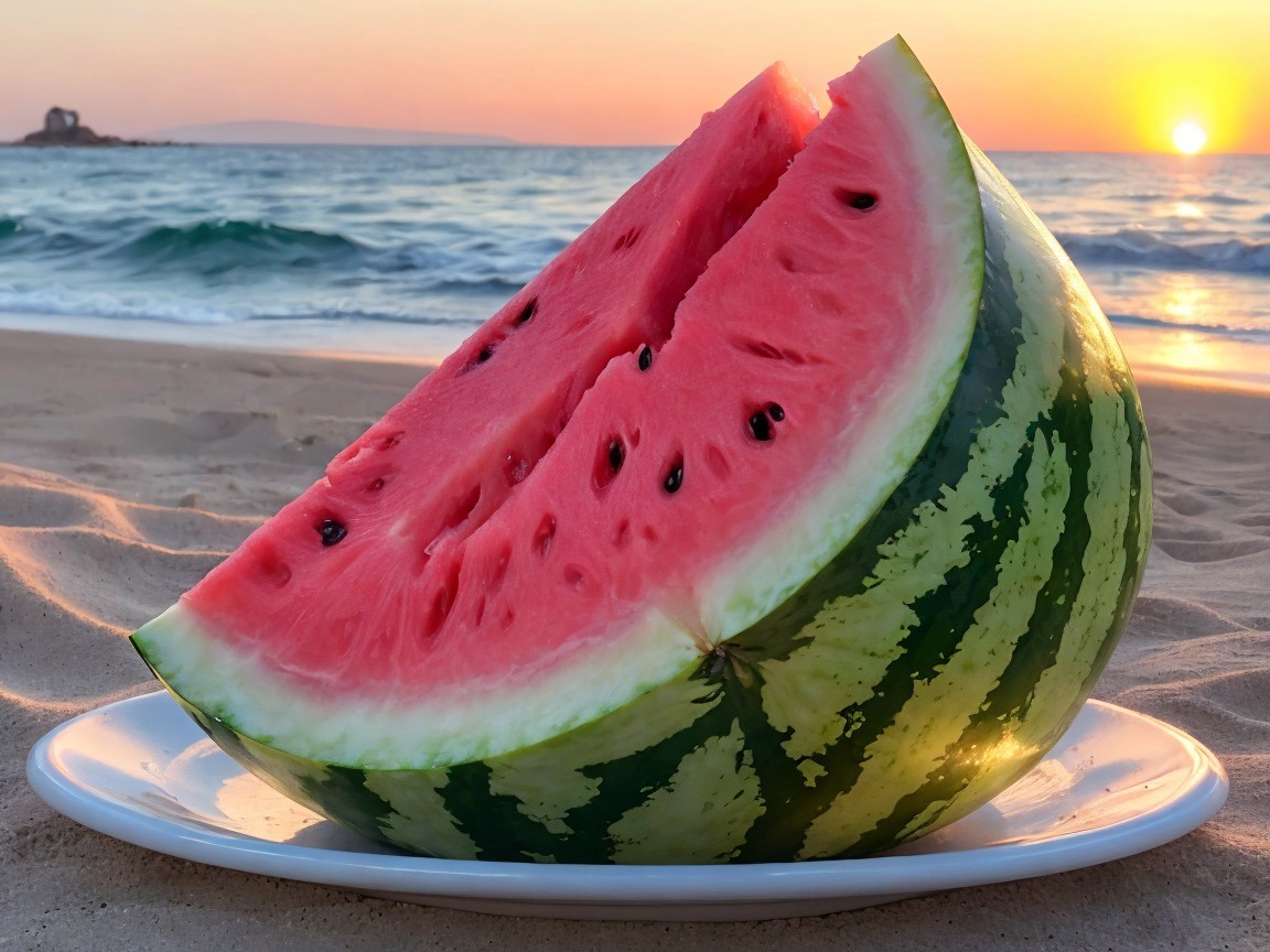 Watermelon Slice on Plate with Beach Sunset Background