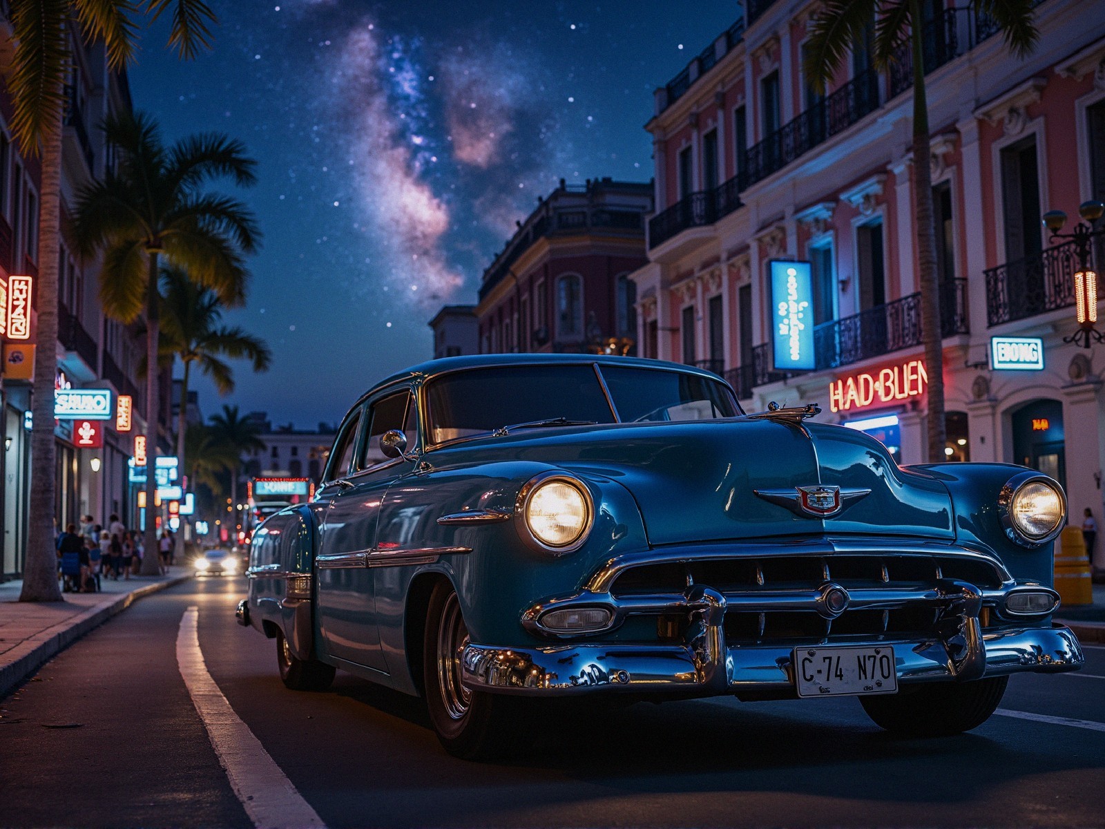 Vintage Blue Car Under Starlit Sky and Neon Signs