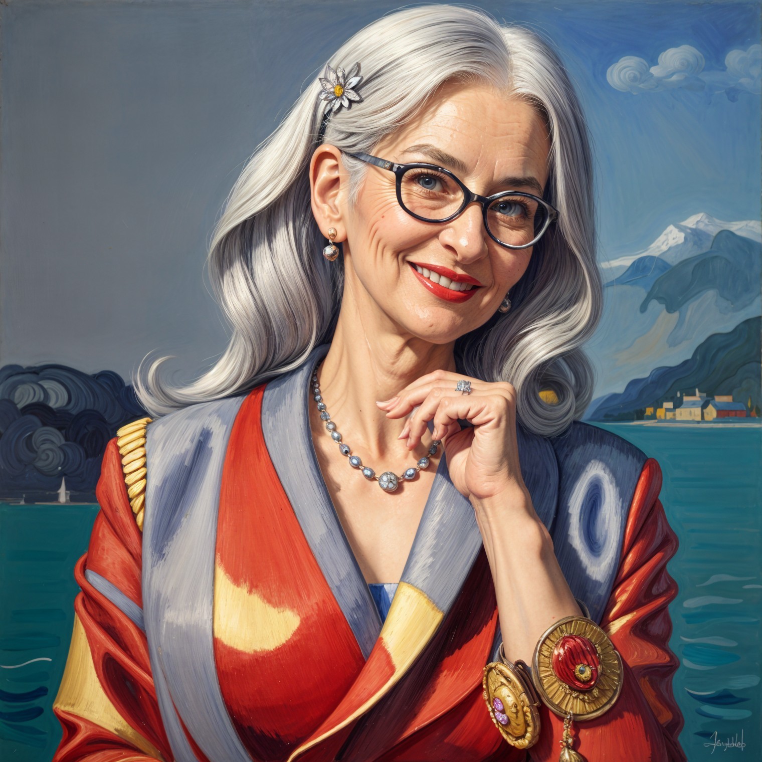 Stylish Older Woman in Colorful Jacket with Scenic View