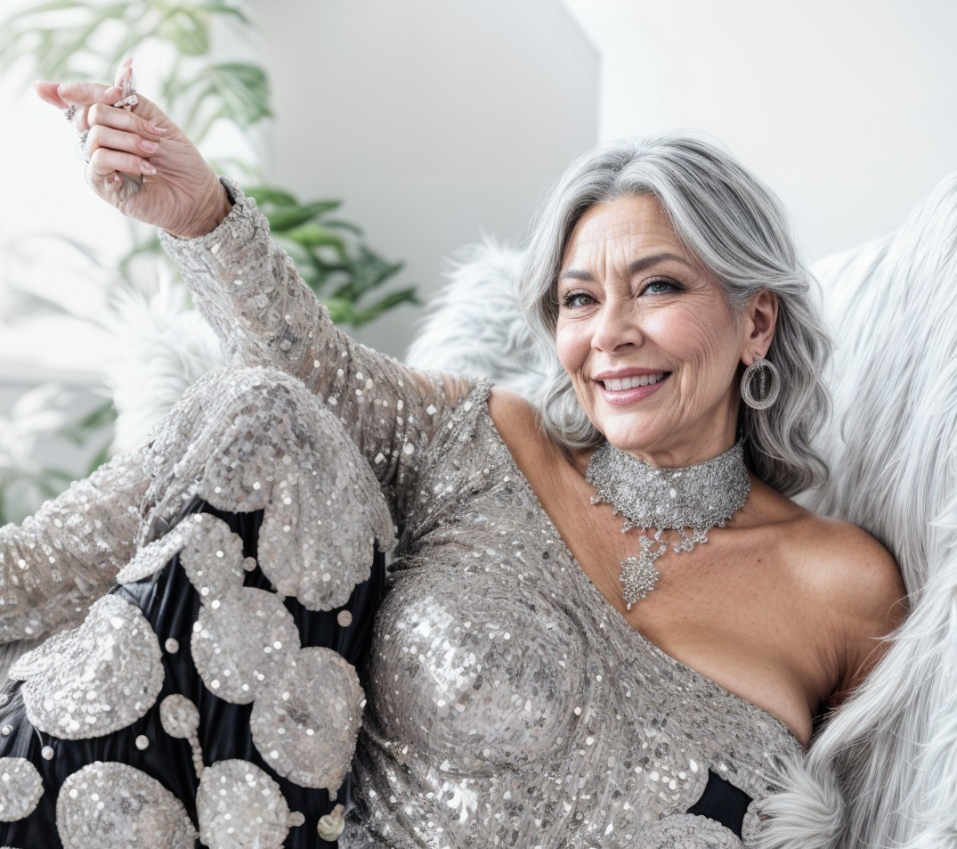 Radiant woman in sequined dress on plush sofa
