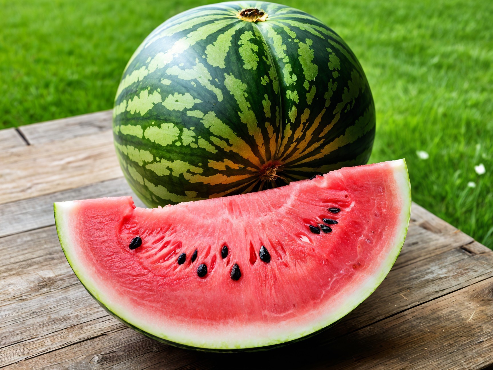 Ripe Watermelon on Rustic Wood with Fresh Background