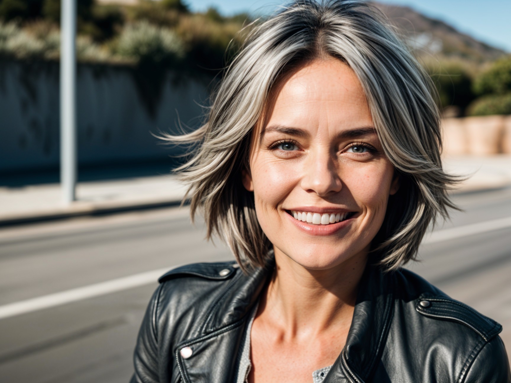 Woman with Gray Hair in Black Jacket Outdoors