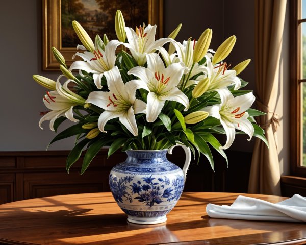 White Lilies in Blue and White Vase Arrangement