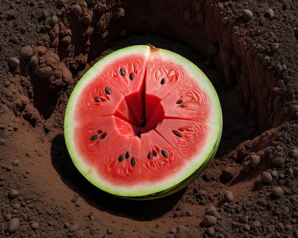 Watermelon Cut Open on Dark Soil Background