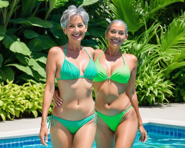 Women in Green Bikinis by a Tropical Poolside
