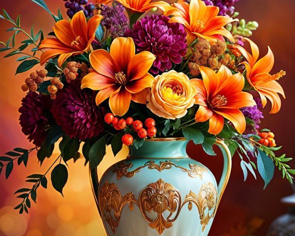 Vibrant Floral Arrangement in Turquoise Decorative Vase