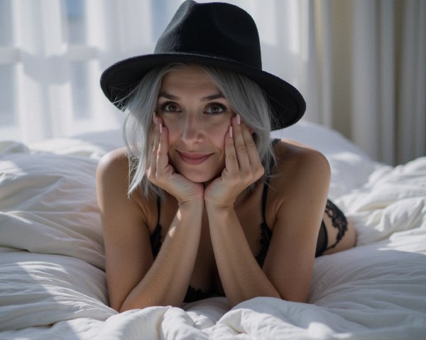 Woman with Silver Hair in Black Lingerie on Bed