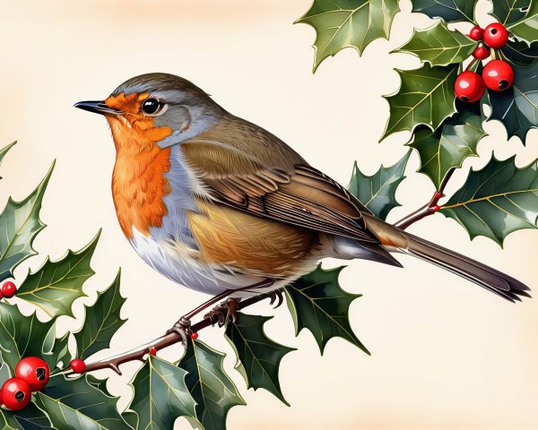 Digital Illustration of a European Robin on Holly Branch