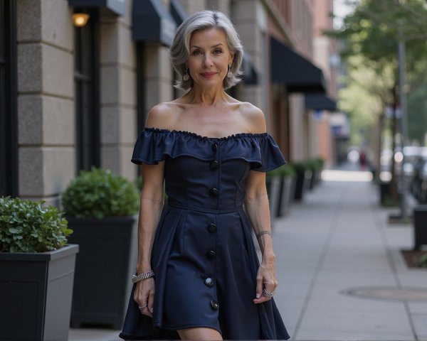 Stylish Woman in Navy Dress on City Sidewalk