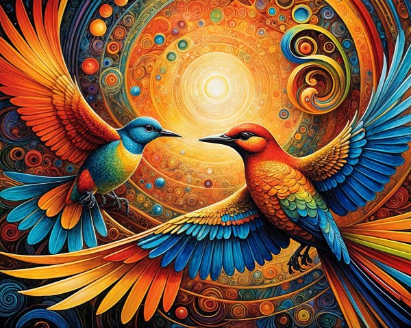 Vibrant Birds in Flight with Swirling Colorful Background