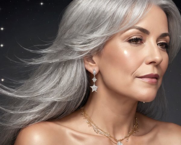 Mature Woman with Silver Hair and Starry Background