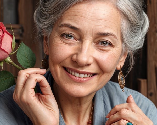 Radiant Older Woman with Gray Hair and Rose