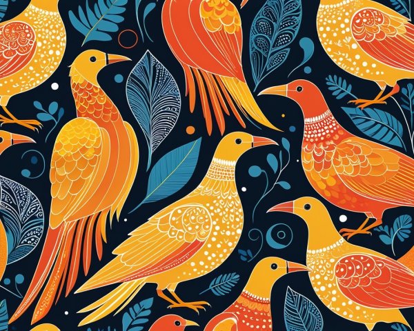 Stylized Birds and Leaves Pattern in Orange and Blue