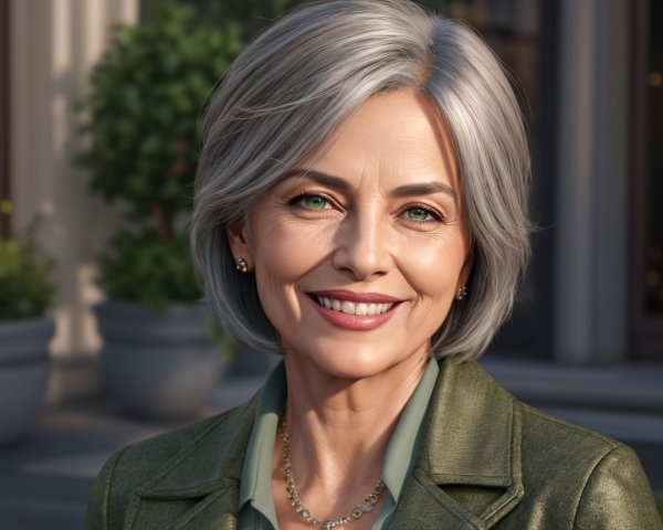 Cheerful Older Woman in Stylish Green Blazer Outdoors