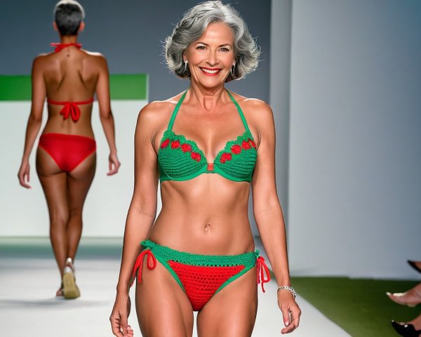 Older Woman in Handmade Crochet Bikini on Runway