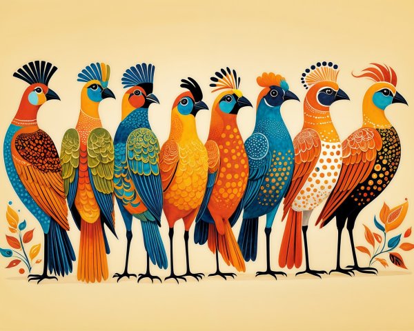 Stylized Birds in Colorful Patterns with Leaves