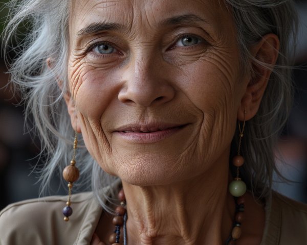 Mature Woman with Gray Hair and Bright Blue Eyes