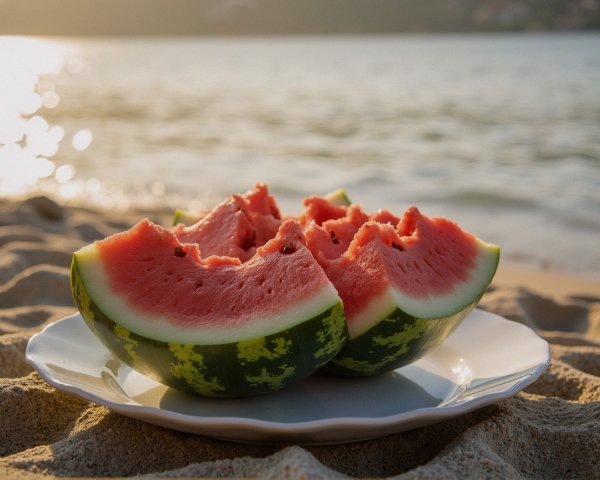 Freshly Cut Watermelon on Beach Plate with Scenic View