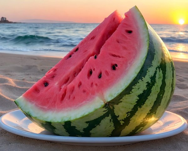 Watermelon Slice on Plate with Beach Sunset Background
