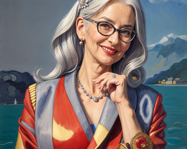 Stylish Older Woman in Colorful Jacket with Scenic View