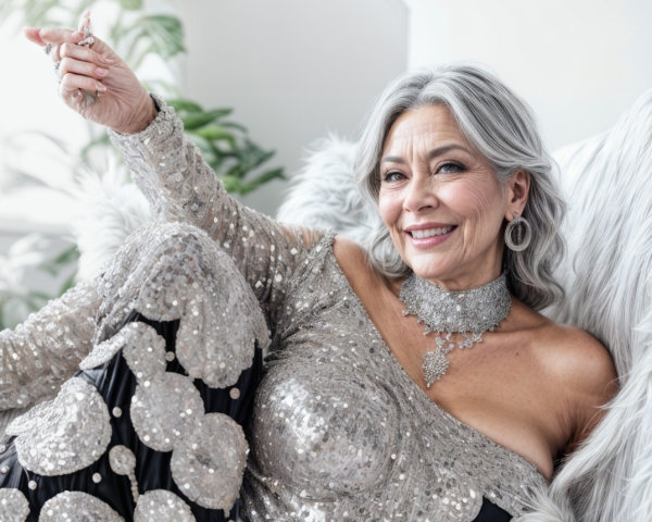 Radiant woman in sequined dress on plush sofa