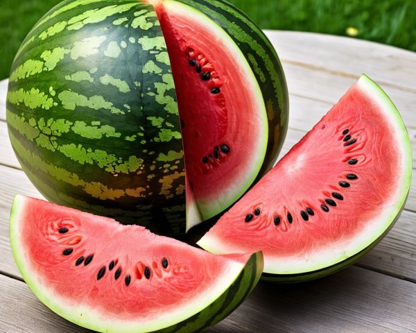 Freshly Cut Watermelon on Wooden Table with Wedges