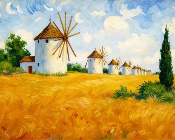 Vibrant Landscape with Windmills and Wheat Fields