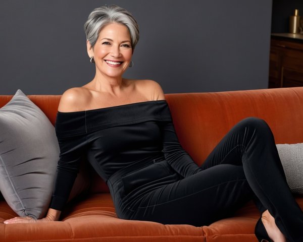 Stylish Older Woman on a Rust-Colored Couch