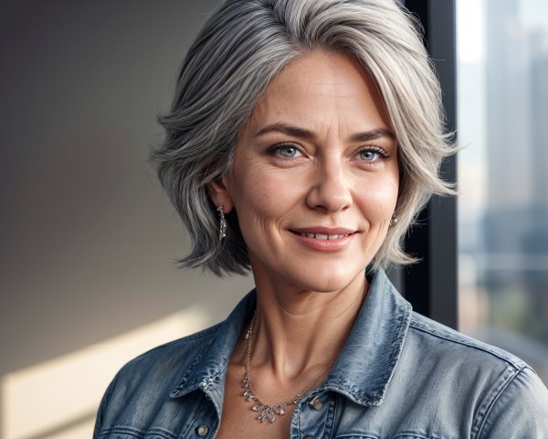 Smiling Woman in Denim Shirt in Modern Room