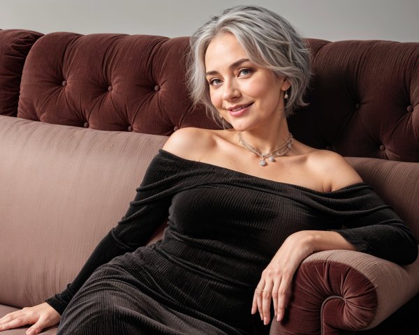 Elegant woman with silver hair on burgundy sofa