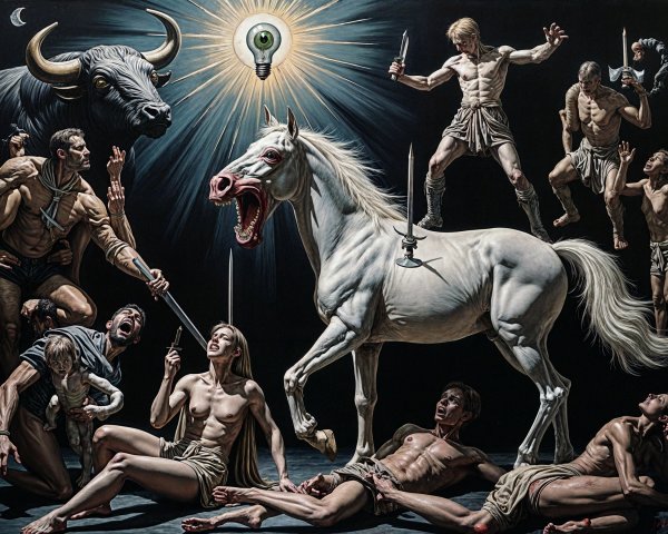 Surreal Artwork with Mythological Elements and Chaos
