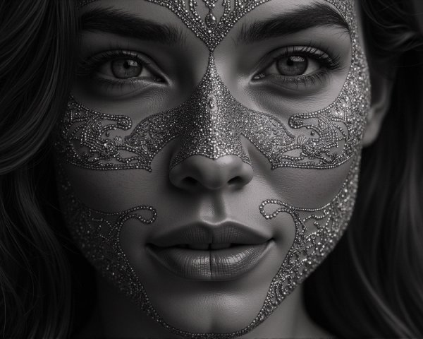 Black-and-white portrait of a woman with silver adornments