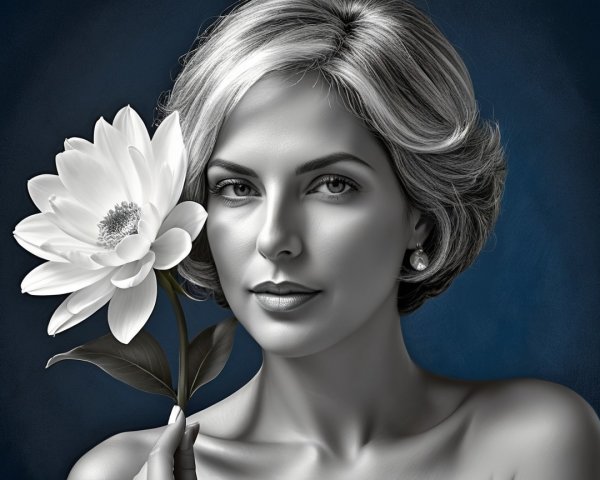 Black-and-white portrait of a woman with flower