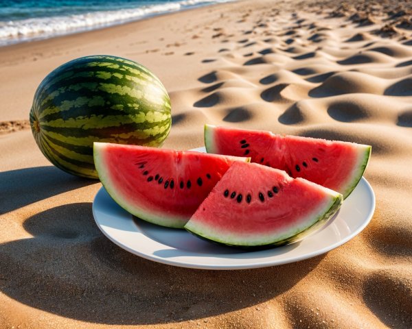 Summer Beach Scene with Watermelon and Waves