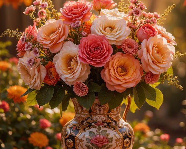 Bouquet of Pink and Cream Roses in Ornate Vase
