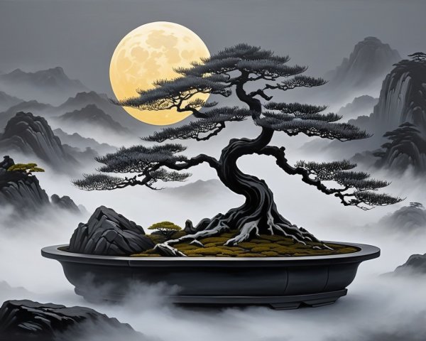Twisted Bonsai Tree in Misty Mountain Landscape
