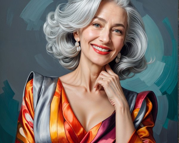 Elegant Woman with Silver Hair in Vibrant Dress
