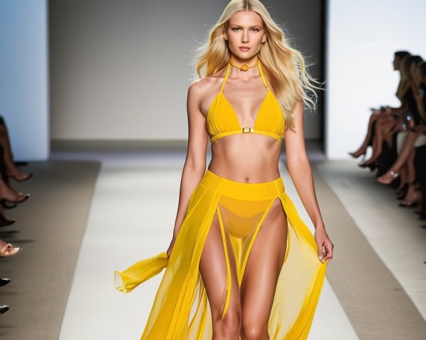 Model in Yellow Bikini and Sheer Skirt on Runway